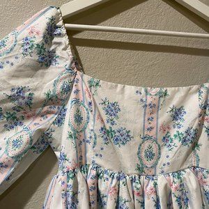 Cottagecore Floral Printed Bell Sleeve Square Neck Puff Dress